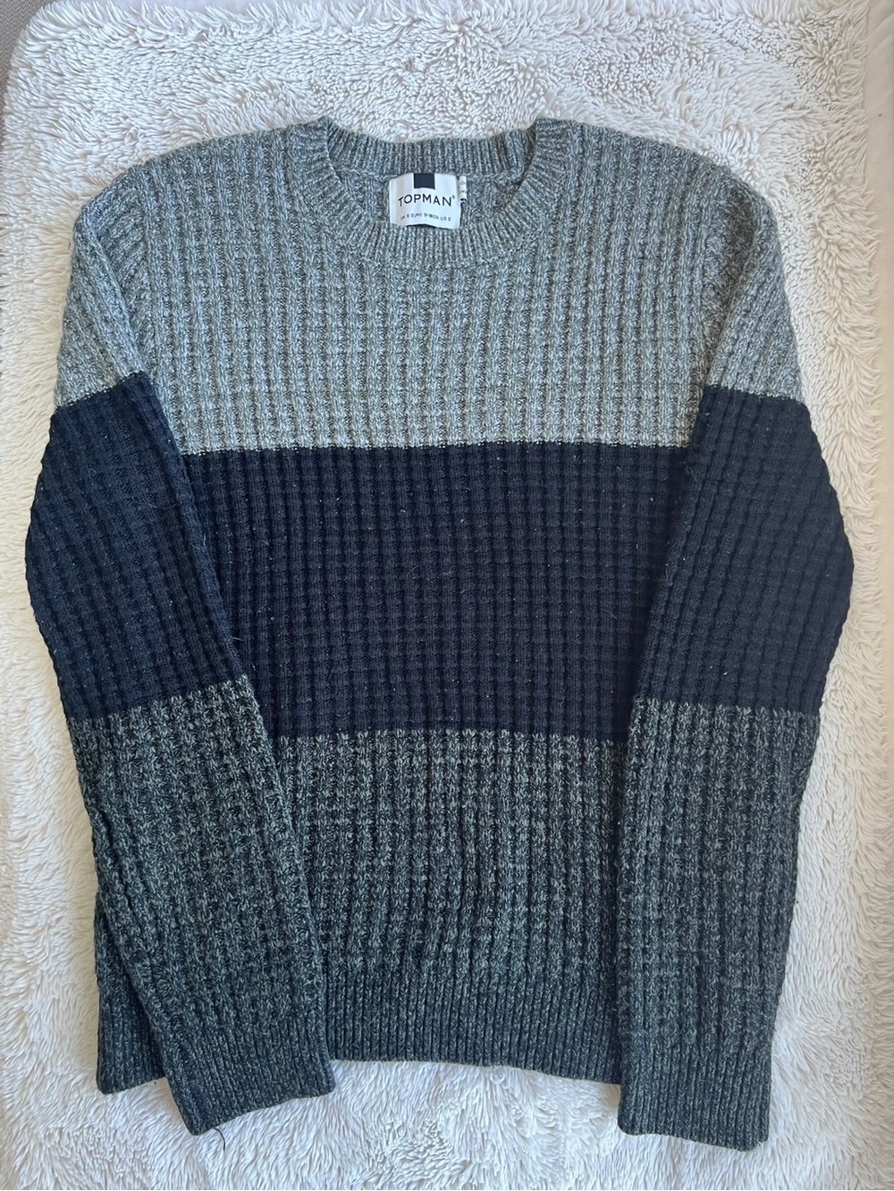 Topman Ribbed Colorblock Crewneck Sweater in Light Gray and Navy